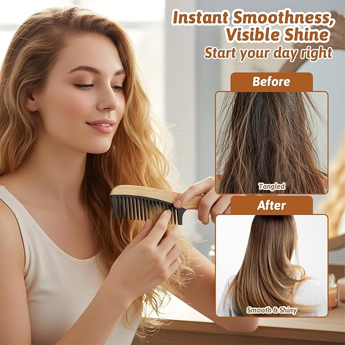 4 Pcs Natural Handmade Bamboo Hair Combs Set, Wide Tooth Fine Tooth Rat Tail Wooden Combs for Women Men Anti-Static for All Hairstyles and Beard
