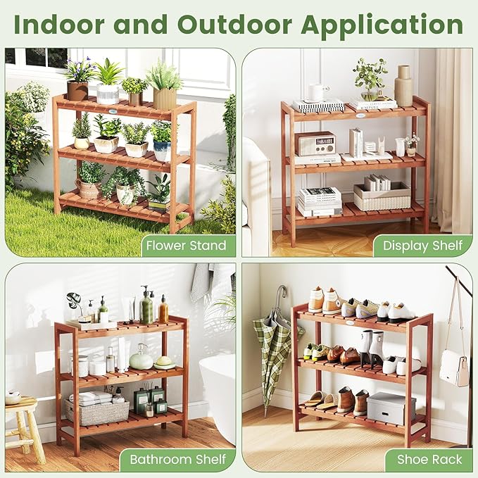Giantex 3-Tier Plant Stand Indoor, Solid Wood Flower Pot Display Rack w/ Slatted Shelves, Take Oil Finish Bookshelf Shoe Rack, Indoor Outdoor Storage Shelf for Patio Garden Balcony Home Living Room Entryway