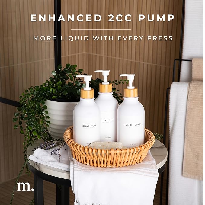 MaisoNovo Refillable Shampoo and Conditioner Bottles | 16.9 fl oz Set of 3 White Plastic Bottles White Bamboo Pumps