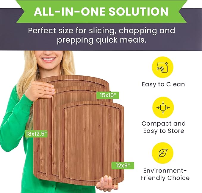 Organic Bamboo Cutting Board Set with Lifetime Replacements - 3pc Non Toxic Wood Chopping Board for Charcuterie, Meat, Vegetables and Fruits - Ideal Kitchen Gifts for Home Chefs