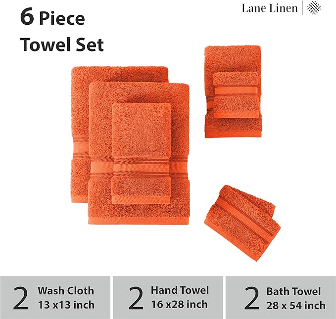 LANE LINEN Luxury Bath Towels Set - 6 Piece, 100% Cotton, Quick Dry, Super Soft & Absorbent, Zero Twist (2 Bath Towels, 2 Hand Towels, 2 Washcloths) - Rust