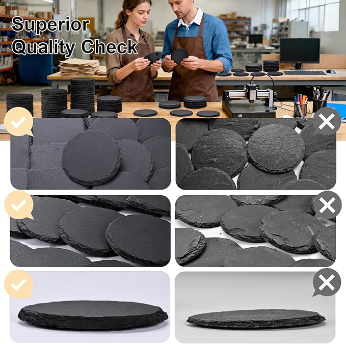 48 PCS Round Slate Drinks Coasters Bulk for Laser Engraving, MAPRIAL 4 Inch Handmade Black Rustic Stone Coaster Laser Blanks with Anti-Scratch Backing for Engraver, Wedding, Gifts, Home Decor, Bar