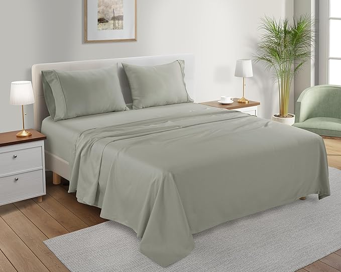 King Bed Sheets Deep Pocket King Sheet Set, 300 Thread Count Long Staple Fully Elasticated Organic Cotton Sheet & Pillowcase sets, Machine Wash No Pill Naturally Breathable Cotton Bedding- Sage