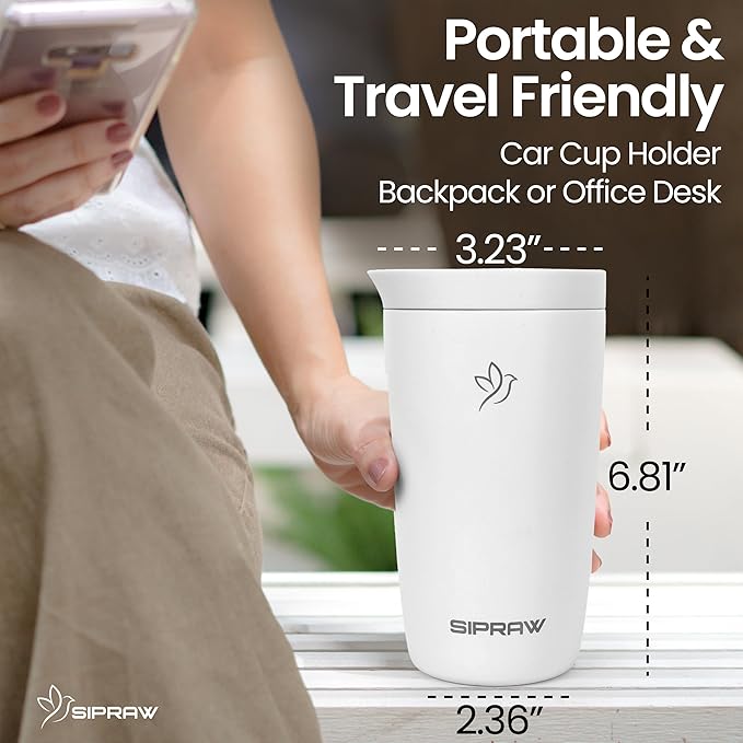 Travel Coffee Mug Tumbler, Reusable Iced Coffee Hot Coffee Cup, Double Wall Insulated Thermal Stainless Steel Material, Gift for Women Men, Perfect for Camping Travelling, 12 oz, White smoke