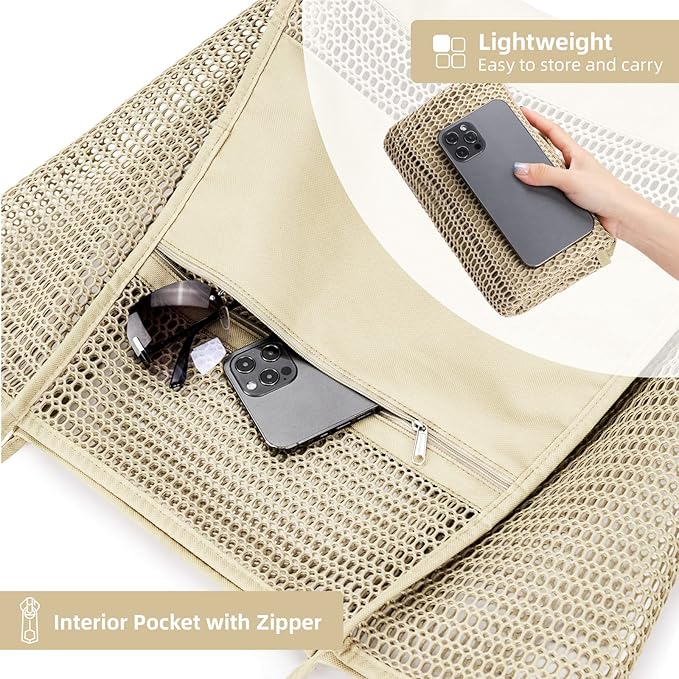 KALIDI BeachNylon Mesh Tote Bag, Casual Tote Bag Hobo Women Foldable MAX 23L Shoulder Bag For Beach Picnic Vacation