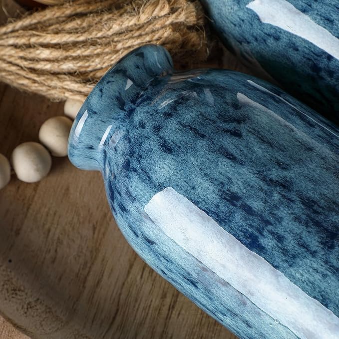 CWLWGO-Blue Ceramic Vase Set, Farmhouse Country Blue Vases for Home Decor, Vases for Your Kitchen Living Room Table Decoration, Shelf Centerpiece and Entrance Decorations.