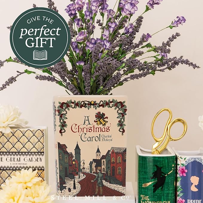 Steel Mill & Co Original Large Book-Shaped Decorative Vase, Ceramic Vases for Holiday Home Decor, Festive Bookshelf Decor, Unique Vase for Book Lovers (A Christmas Carol)