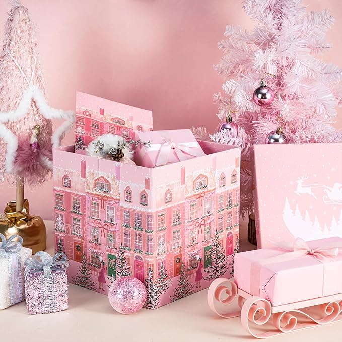 RUSPEPA Christmas Gift Box with Lid, Pink Holiday Townhouse Design with Santa Sleigh Lid, Medium Collapsible Holiday Box with Ribbon, Tissue Paper for Gift Wrapping, Candy Storage, 9x9x9 Inches, 1 Pcs