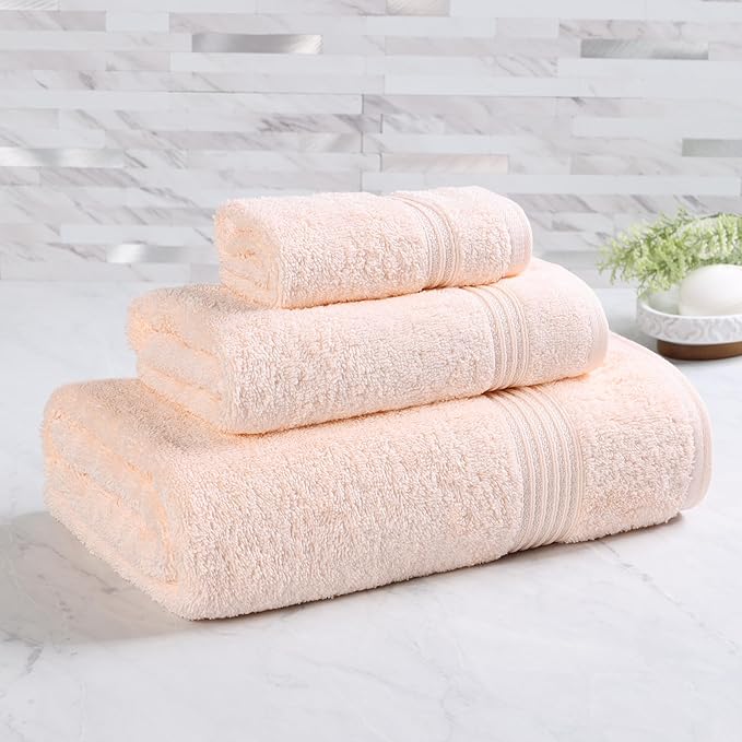 Superior Egyptian Cotton 3-Piece Towel Set, Basic Towels For Bathroom, Home Decor, Guest Bath, Shower, Apartment, Included 1 Face, 1 Hand, 1 Bath Towel, Washcloth, Quick Dry, Peach