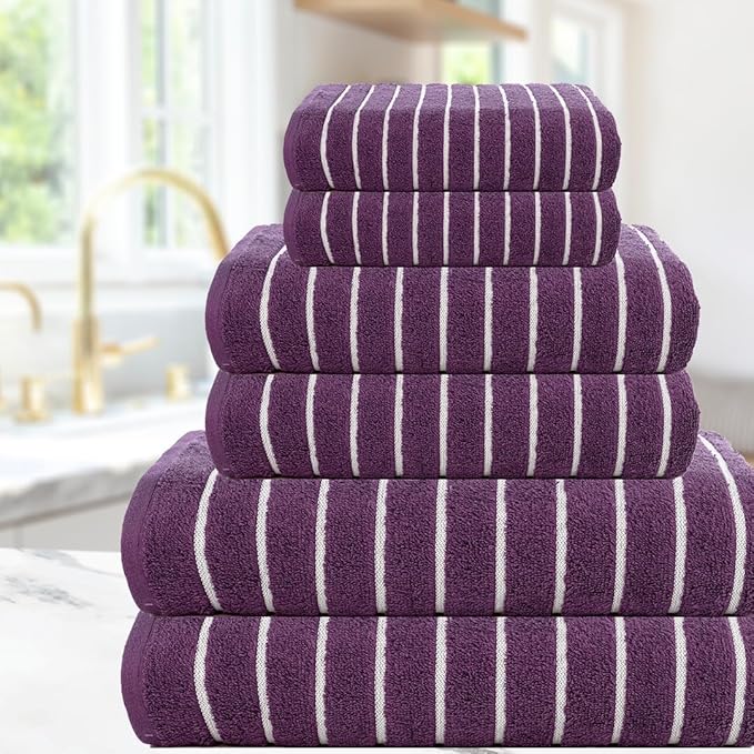 CASA COPENHAGEN Ecstatic 6 Pieces Towel Set- Dark Purple, 600 GSM 2 Bath Towel 2 Hand Towel 2 Washcloth, Designed in Denmark Made of Soft Egyptian Cotton for Bathroom, Kitchen & Shower