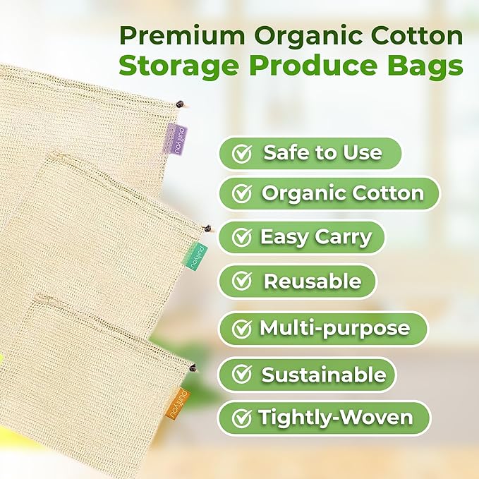 purifyou Set of 9 Reusable Organic Cotton Produce Bags – Heavy Duty Double-Stitched Mesh, Unbleached, Drawstring Closure – 2 XL (12x20), 5 L (12x14), 2 S (12x8)