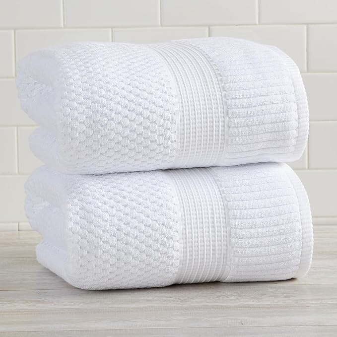 NY Loft 100% Cotton 2 Pack Bath Sheet Towel Set | Absorbent Quick-Dry Oversize Bath Towels | Textured and Durable Cotton | Bright White