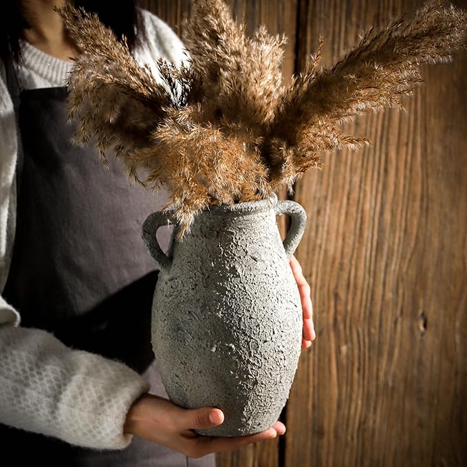 Ceramic Flowers Vase - Rustic Decorative Vase for Home Decor, 9 inch Vintage Terracotta Vase for Flowers, Pottery Vase with 2 Hanldes for Home Living Room Decor, Non-Slip Lyeec Vases