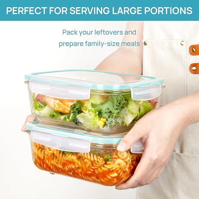 Vtopmart 2Pack 1860ml/63oz Large Glass Containers Food Storage with Lids, Meal Prep Food Container Set with Snap Airtight Lid for Baking, Microwave, Oven, Leak Proof, for Freezer, Dishwasher, Green