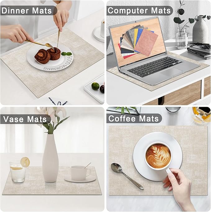 Homaxy Faux Leather Heat Resistant Placemats for Dining Table Set of 8, Waterproof Wipeable Washable PU Table Mats, Easy to Clean Anti-Slip Place Mats, 11.8" x 17", Beige