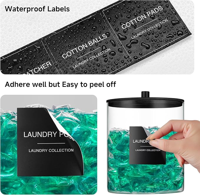 Glass Jars and Acrylic Dryer Sheet Holder, Laundry Pods Container with Bamboo Lid and 27 Labels, Powder Detergent Containers for Laundry Room Organization, Storage Jars Set (3 Pack, Black)