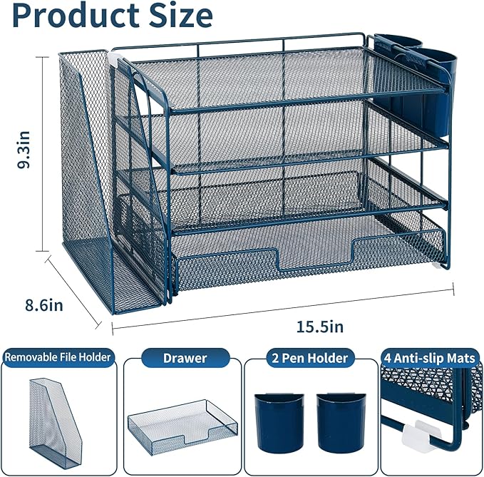 OPNICE Desk Organizer and Accessories, 4-Tier Desktop File Organizer with Drawer and 2 Pen Holders, Office Desk Accessories, File Sorters, Workspace Organizers for Office Supplies(Dark Blue)