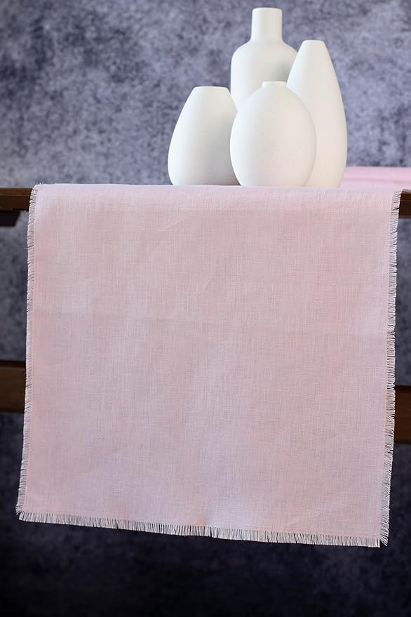 Pink Linen Table Runner with Fringe- 14x120 inches Long, 100% Pure Linen Runner for Table, Table Runner for Valentines Day, Spring and Summer –Thin but Luxury, Handmade
