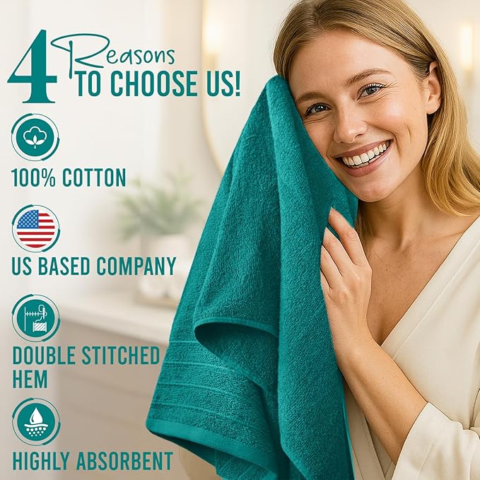 DAN RIVER Bath Towels Set of 4, 30 x 60 Inches, 100% Cotton, Larger & Lighter Weight, Quicker to Dry, Super Soft and Absorbent, Ideal Hotel Towels for Daily Use, Teal