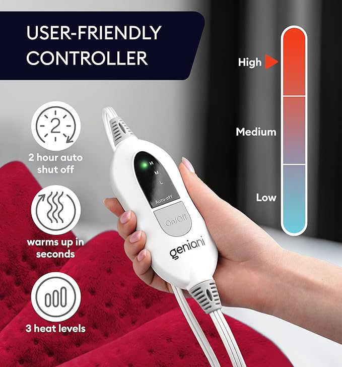 GENIANI Electric Throw - XL Heating Pad for Back Pain & Menstrual Pain Relief, Auto Shut Off, Machine Washable, Moist Heat Pad for Neck and Shoulder, Cramps Relief, Heat Patche Viva Magenta 12'‘×24’’