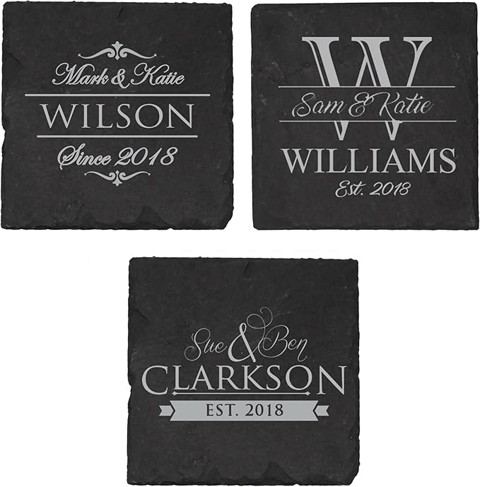 My Personal Memories Custom Engraved Slate Coasters Set of 4 - Monogrammed Coasters for Drinks, Weddings, Couples, Anniversaries - Personalized (Square)