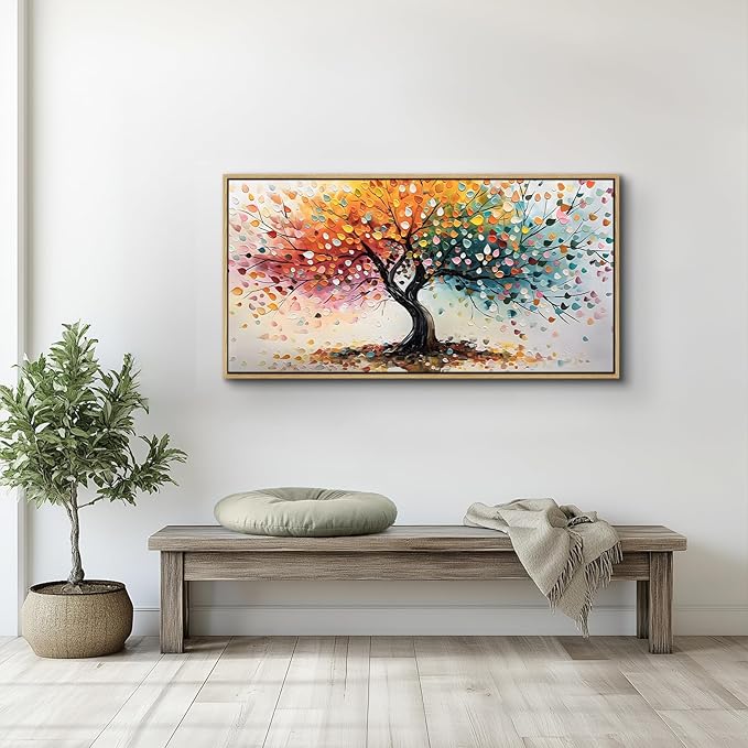 crmotu Large Framed Wall Art, Colorful Tree of Life Canvas Painting, Abstract Rainbow Tree Art Prints, Nature Plant Pictures Wall Decor Living Room Bedroom Bathroom Office, Modern Home Decor 20"X40"