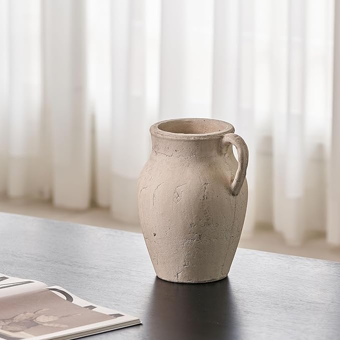 LB2 Rustic Ceramic Vase, 10.6" Tall Zen Style vase, Terra Cotta Pitcher, Distressed Farmhouse Decor, Pottery Decorative Flower Vase for Home Decor