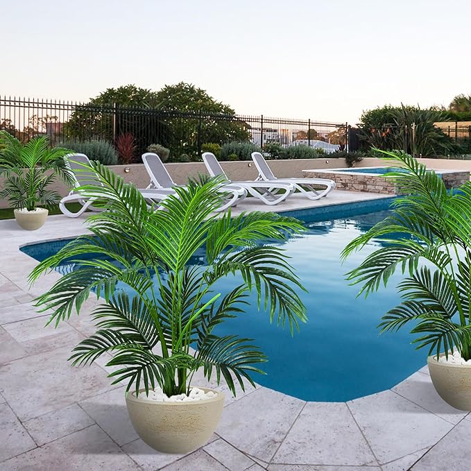 KOL 4ft 2-Pack Artificial Palm Tree Plant, 47in Fake Cane Areca Palm Silk Tree Indoor Outdoor,Dypsis Lutescens, Realistic Faux Silk Plants for Office Home Garden Decoration, Lifelike Modern Decor