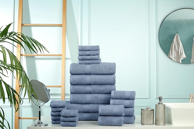 HILLFAIR 24 Piece Bath Towels Set for Bathroom- 100% Cotton 24 PC Bulk Pack Hotel Spa Towel Set- 2 XXL Oversized Big Towels, 4 Bath Towels, 6 Hand Towels, 4 Fingertip Towels, 8 Washcloths: Blue