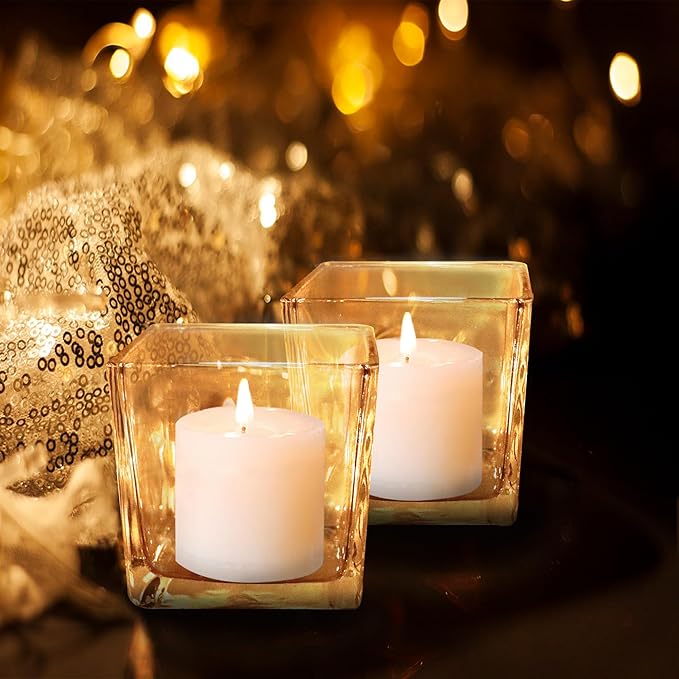 12 Pack Square Glass Vases, 3” x 3” Clear Cube Glass Flower Vases, Mini Square Glass Vases Candle Holders with Sponge Brush for Centerpieces