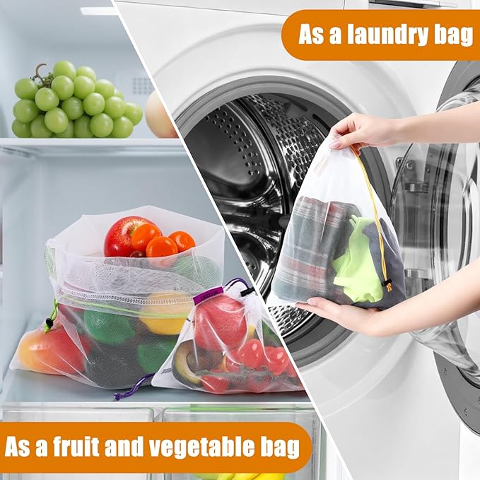 Blcculi 15 Pack Reusable Produce Bags,Washable Mesh Produce Bags,Mesh Grocery Bag with Drawstring & Colorful Tare Weight Tags,See-Through Vegetable Bag for Grocery Shopping,Fruits,3 Sizes