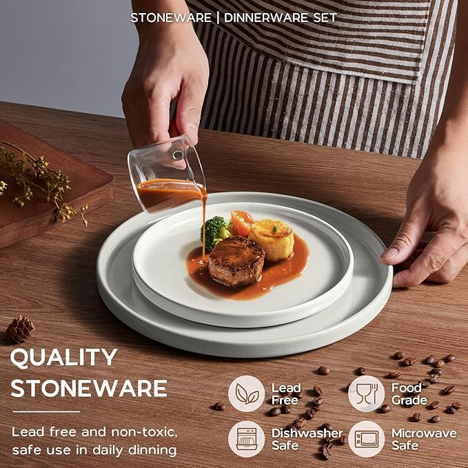 Onader 24 Piece Dinnerware Sets with Pasta Bowls for 6, Stoneware Plates and Bowls Dish Sets, Ceramic Speckled Dinner Dishware for Kitchen Dining, Microwave & Dishwasher Safe - Cloud White