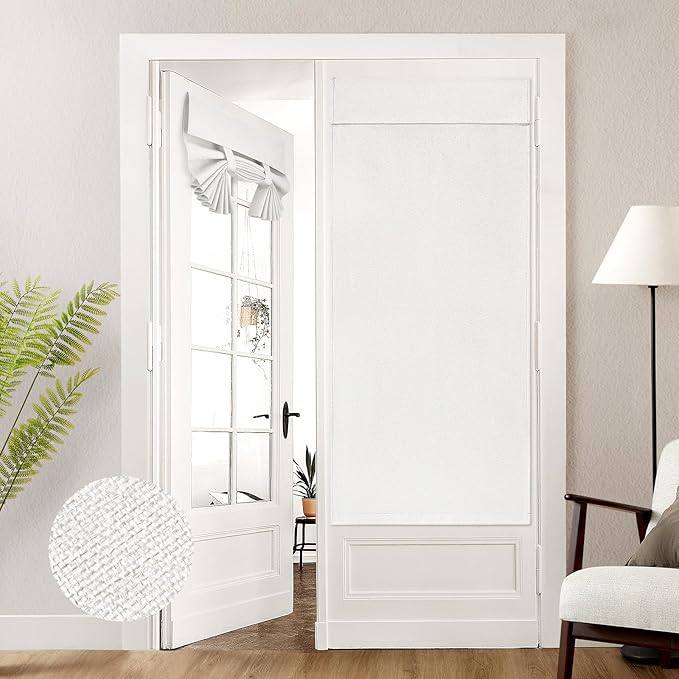 HOMEIDEAS 100% White Linen Blackout French Door Curtains, Privacy Door Window Curtains, 30 X 68 Inch Room Darkening Blinds, Thermal Insulated Shades for Bedroom, 1 Panel