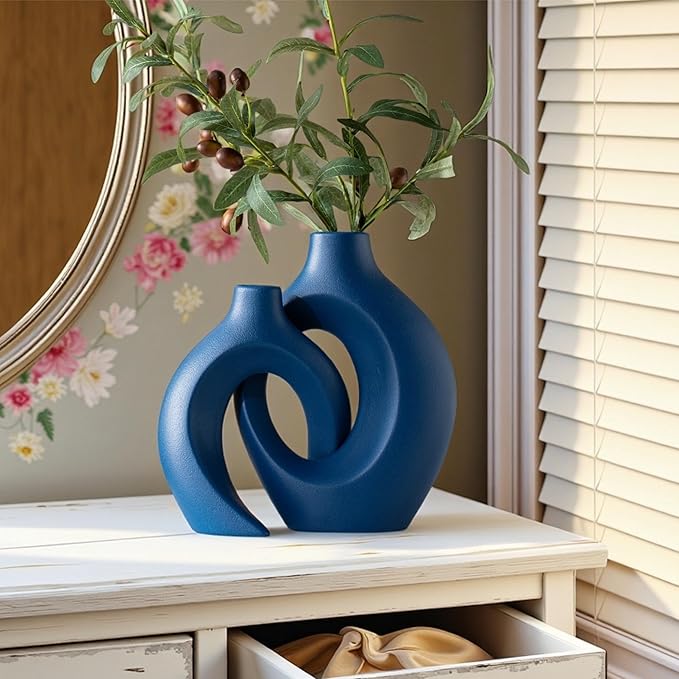 Snuggle Hollow Ceramic Vase Set of 2, 8.4 Inch Hug Donut Modern Nordic Boho Style Vases for Home Decor Anthropologie Aesthetic Living Room Shelf Coffee Table Decorative (Navy Blue)