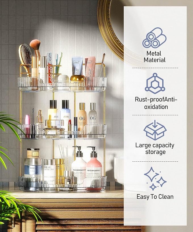 3-Tier Corner Bathroom Counter Organizer Makeup Cosmetic Storage, Tool-Free Installation Acrylic Vanity Shelf, Countertop Storage Organizers Perfume Tray for Bathroom, Dresser, Kitchen (Clear)