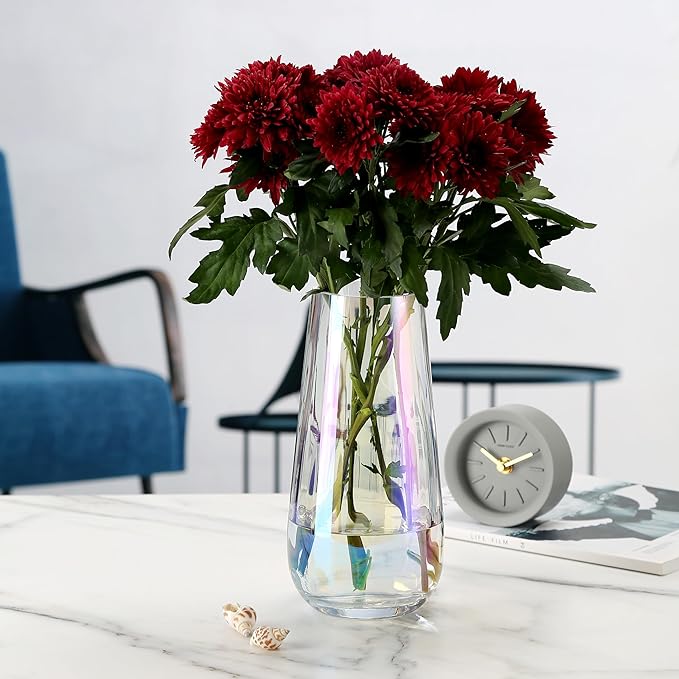 Irised Crystal Glass Vase Modern Flower vases for Bouquet,H-9.8" Tear Drop Design for Home Floor Decor,Farmhouse Decor, Centerpiece Office Table Decorations(Irised)