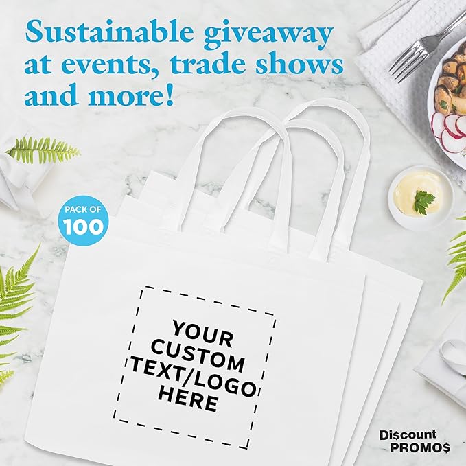 DISCOUNT PROMOS Custom Jumbo Sized Tote Bags Set of 100, Personalized Bulk Pack - Reusable Grocery Bags, Shopping Bags, Promotional Item Totes for Women - White