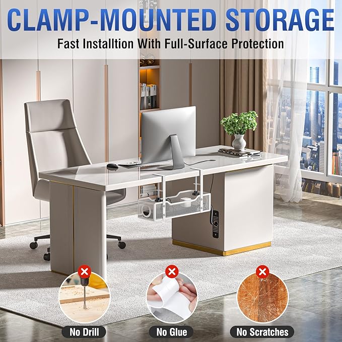 Under Desk Cable Management Tray - GZOKMOG No Drill Cord Organizer with Clamp, Workspace Organizers for Cords, Metal Mesh Wire Management for Home and Office, 2 Pack White, 13.38 inch