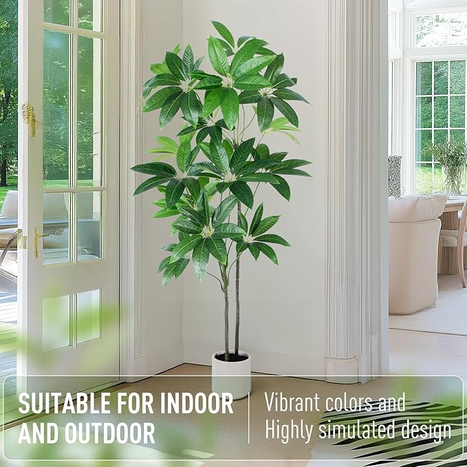 Artificial Fortune Tree - 5 FT Fake Tree with White Planter - Large Faux Plants Indoor Outdoor - Artificial Plants Indoor pots for Home Office Living Room Decor