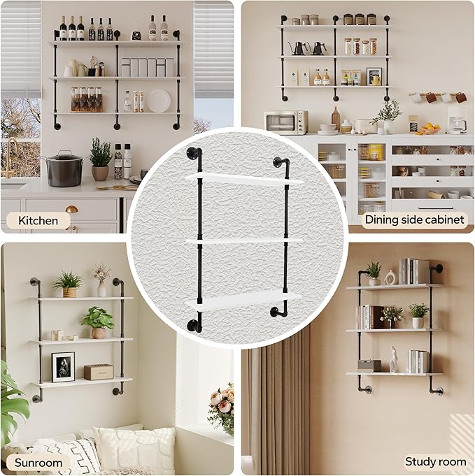3-Tier Industrial Pipe Floating Shelf – Rustic 36 inch Wood Wall-Mounted Storage Shelf for Kitchen Office,Bathroom & Home Decor -White