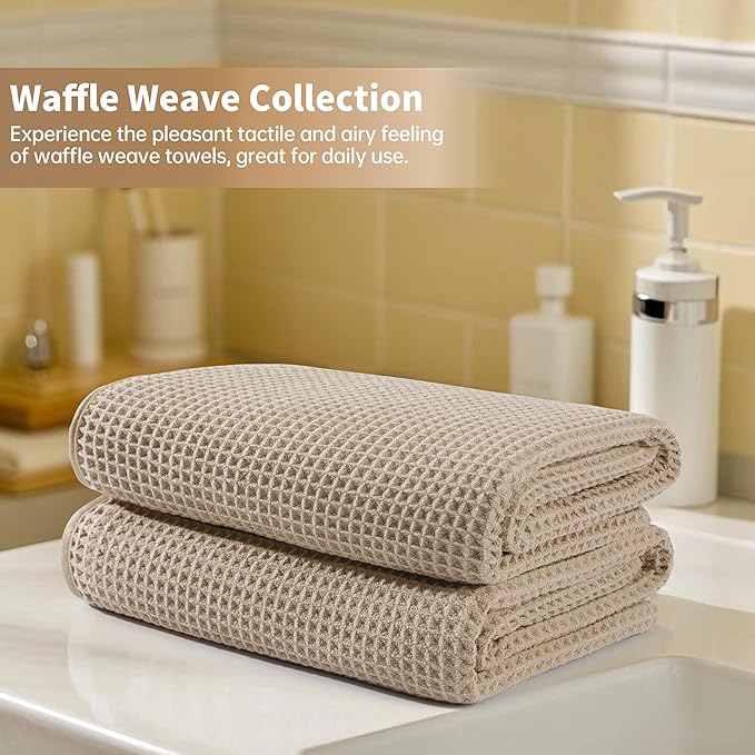 Microfiber Waffle Bath Towels, 4 Pieces, Soft, Absorbent, Fast Drying, Lint Free (Beige)