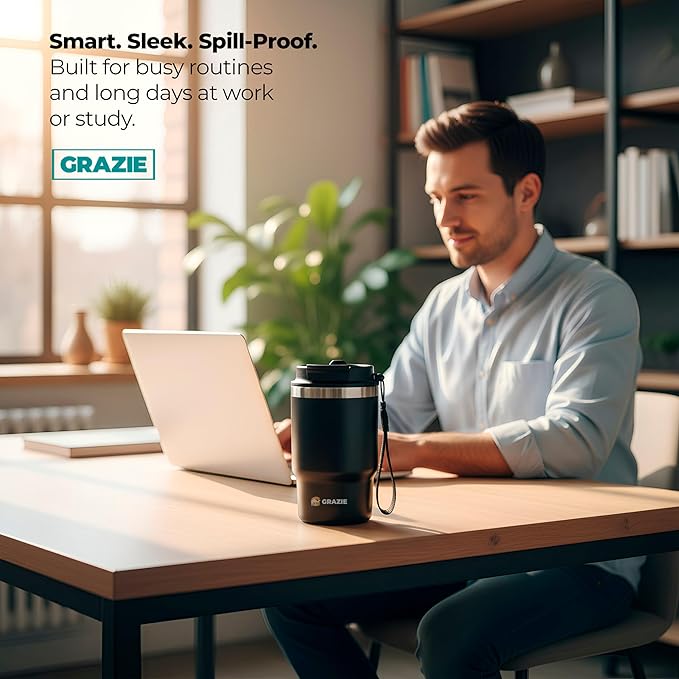 Insulated Stainless Steel Coffee Mug 16 oz with Flip Straw Lid Double Wall Vacuum Travel Tumbler for Hot and Cold Drinks Leakproof Portable Reusable Cup Work Camping Hiking School Gym MidnightSteel