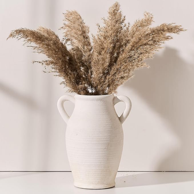 Large Ceramic Rustic Vase with 2 Handles, 9.8 inch Farmhouse Flower Vase, Minimalist for Home Decor, Living Room, Shelf Decor, Pampas Grass, Enterway, Table Decoration, Gift, Off White