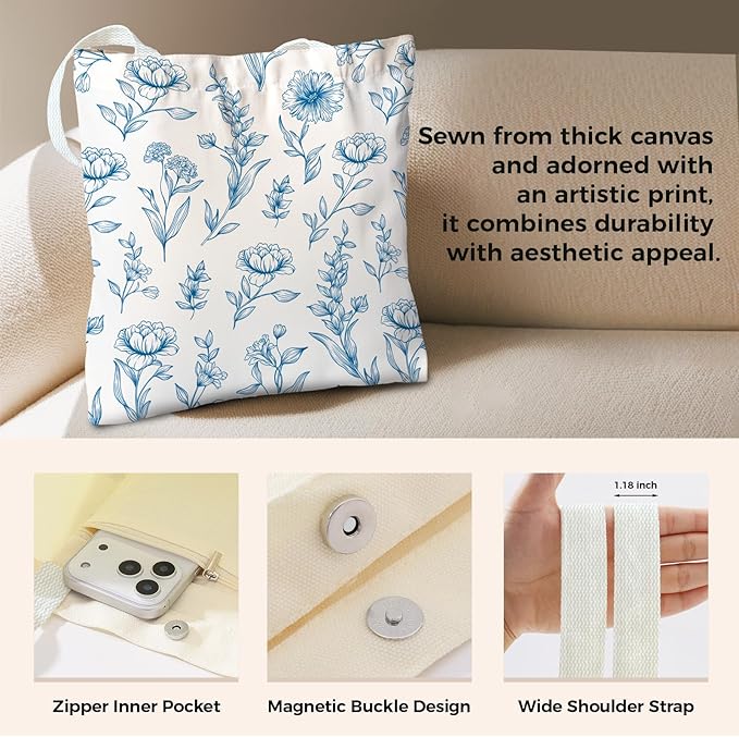 Cute Aesthetic Canvas Tote Bag for Women, Reusable Foldable Shopping Cotton Shoulder Totebag with Zipper Pocket