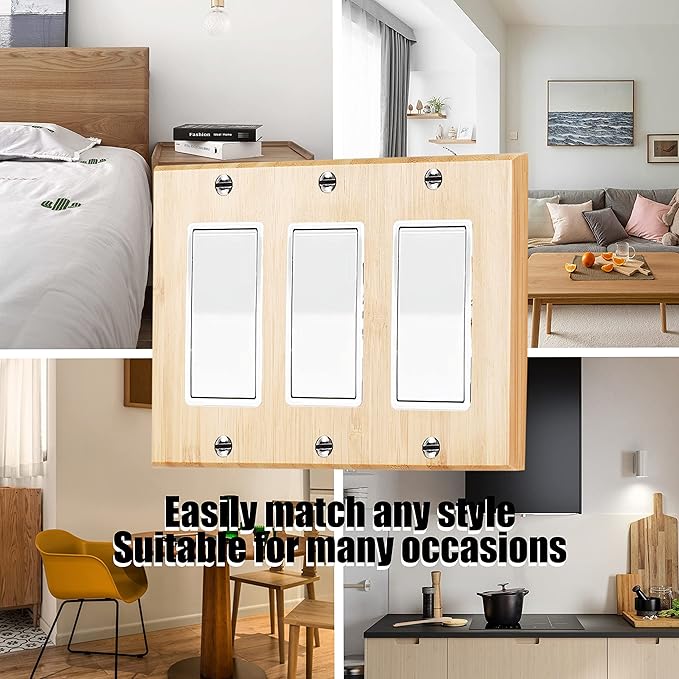 Raw Wood Light Switch Cover Decorative Triple Rocker Wall Plate 6.5" x 4.6" Bamboo Quality Light Switch Plate Cover for Bedroom Kitchen Home Decor (Triple Rocker)