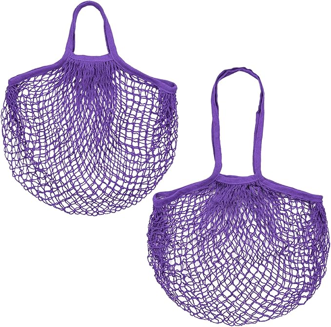 2-Pack Cotton Mesh Bag, Reusable Washable Mesh Net String Grocery Bags, Reusable Produce Bags with Handle, Net Tote Bag for Fruits/Vegetables Shopping [Purple, Long&Short Handle]