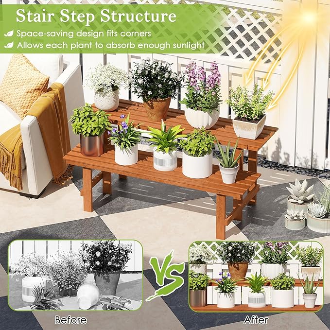 Giantex 2 Tier Wood Plant Stand, Ladder Plant Shelf for Multiple Potted Plants with Teak Oil Finish, Indoor & Outdoor Flower Pot Holder, Corner Display Rack for Balcony, Living Room, Garden