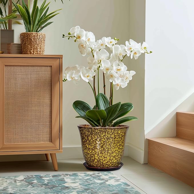 12 Inch Plant Pot - Ceramic Pots for Plants with Drainage Hole and Saucer, Round Planter for Indoor Outdoor, Large Flower Pots, Modern Planter, Patio House Decor, Plant Lovers Gifts, Yellow