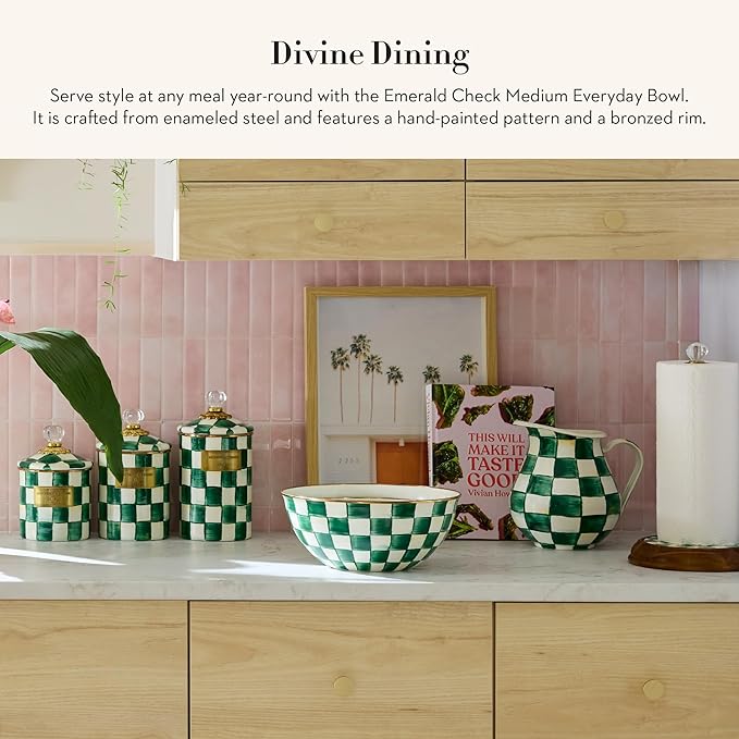 MACKENZIE-CHILDS Enamel Everyday Bowl, Serving Bowl for Entertaining, Medium, Green-and-White Emerald Check