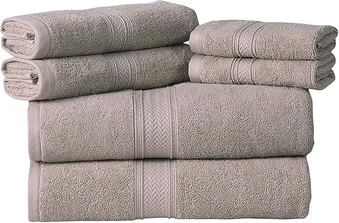 Hillfair Premium 600 GSM Cotton Bath Towel Set - 6 Piece, Machine Washable, Super Soft & Absorbent: 2 Bath, 2 Hand, 2 Washcloth - Stone Color